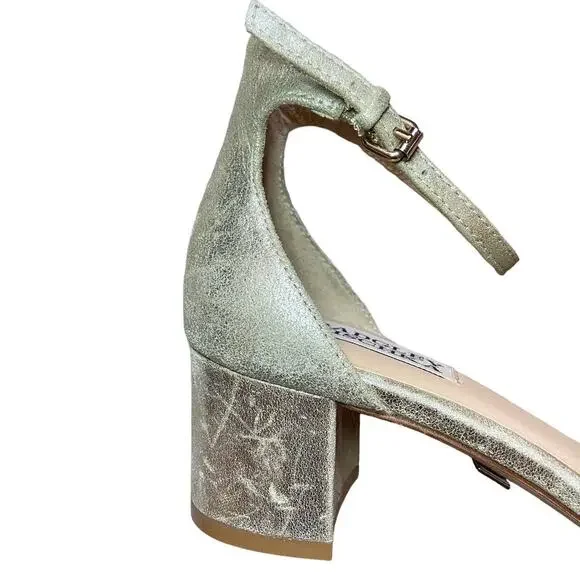 New Badgley Mischka Gold Leather Embellished Chunky Heels Ankle Strap Size 6 - Picture 5 of 10